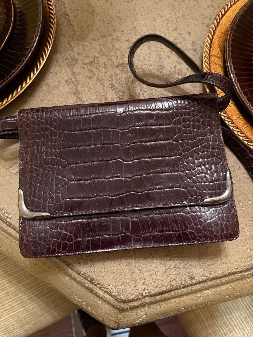 Ralph Lauren Alligator Ltr .925  Leather Crossbody Bag in Dark Brown